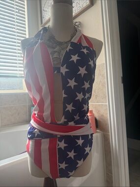 American Flag Halter One-Piece Swimsuit - Patriotic Red, White & Blue
